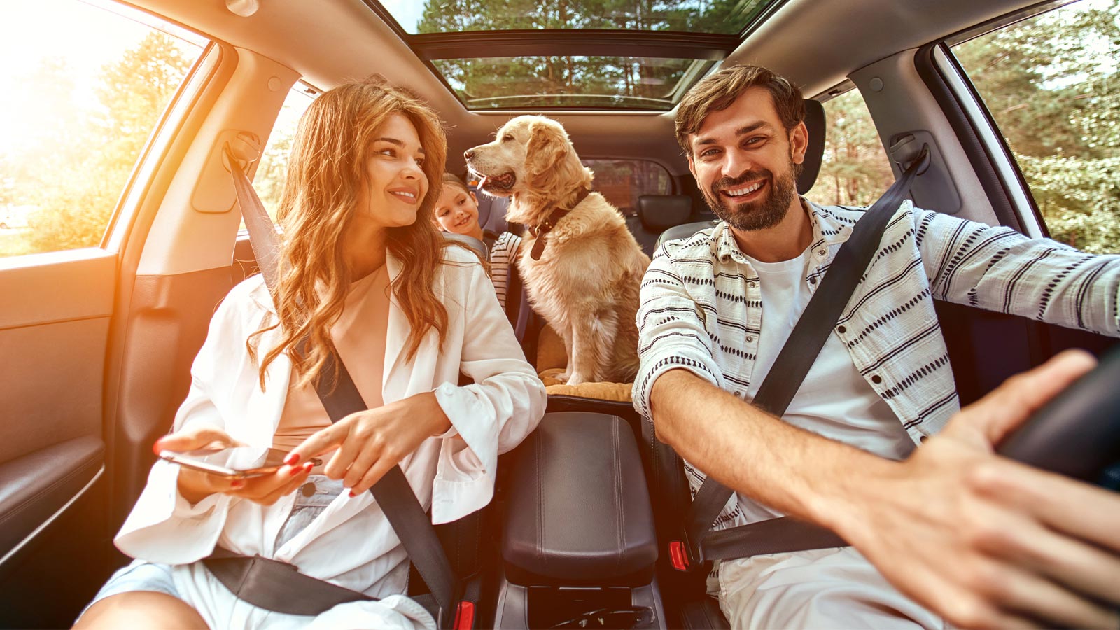 a family with their dog together inside of a car on a road trip